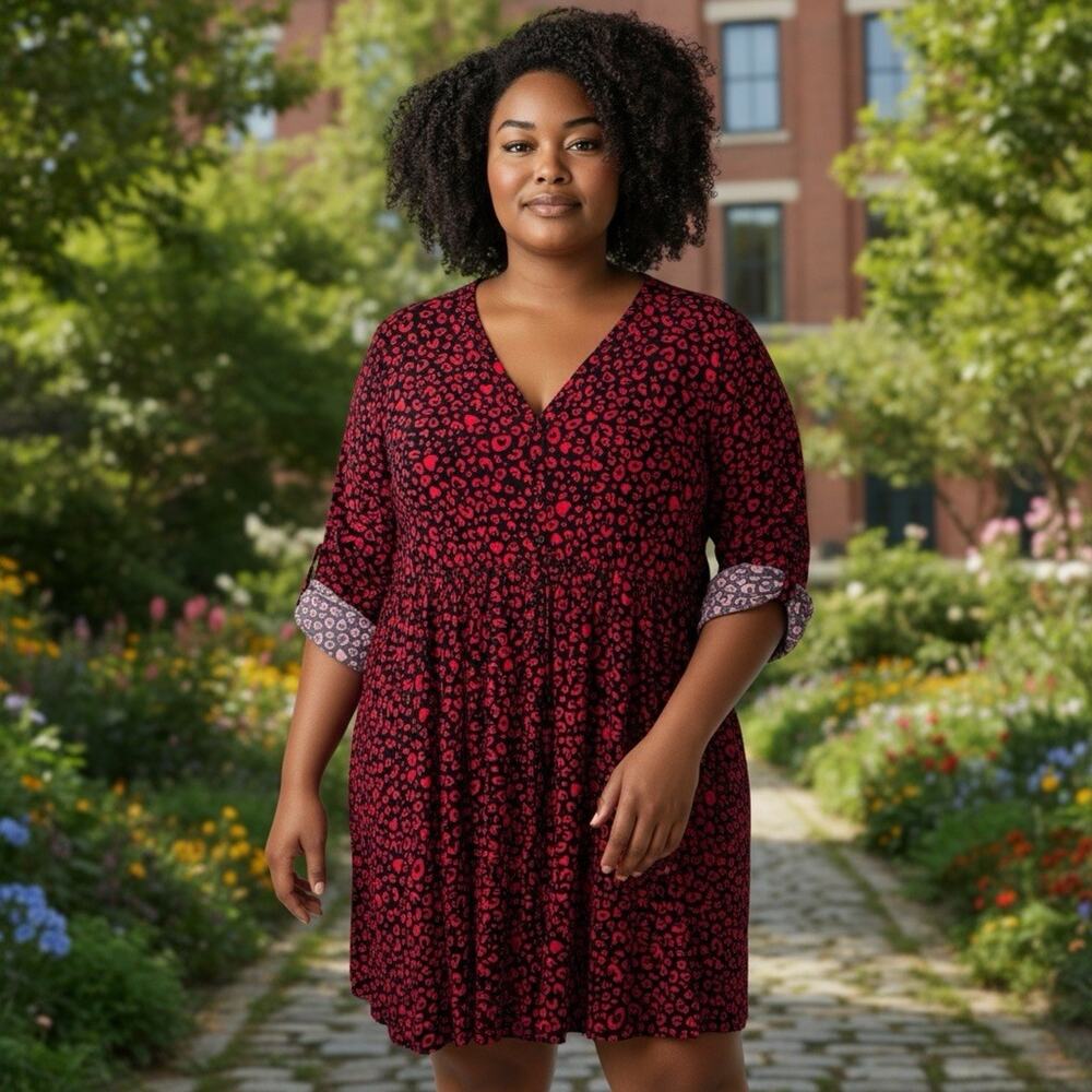 Torrid Red Black Leopard Heart Challis Button Front Shirt Dress 3
